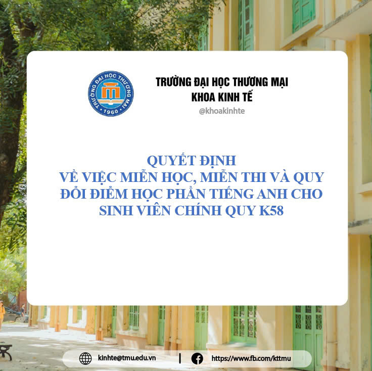 QUYẾT ĐỊNH  VỀ VIỆC MIỄN HỌC, MIỄN THI VÀ QUY ĐỔI ĐIỂM HỌC PHẦN TIẾNG ANH CHO SINH VIÊN CHÍNH QUY K58